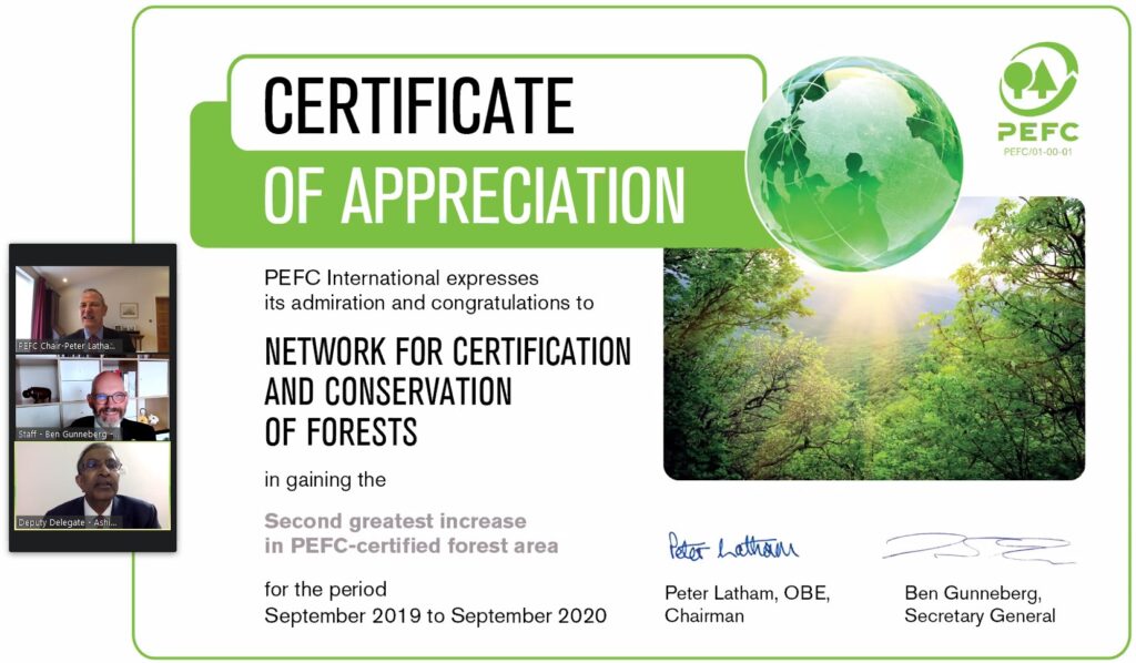 NCCF RECEIVES PEFC CERTIFICATE OF APPRECIATION FOR second greatest increase in pefc certified FOREST Area